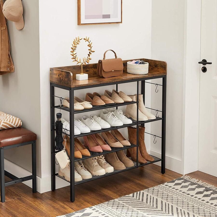 Nancy's Winder Opbergrek Schoenenrek 14 Paar Schoenen 6 Haken Opberger Industrieel Vintage Bruin Zwart 100 x 30 x 100 cm