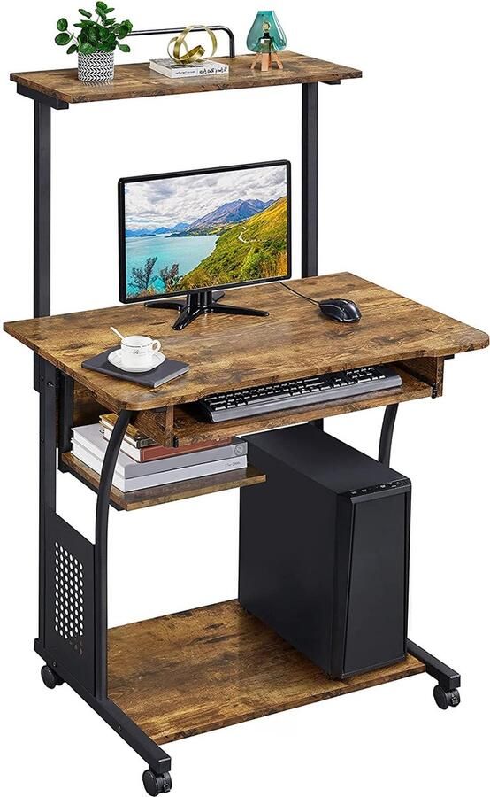 Naqsh Store Bureau met wieltjes werktafel PC laptop tafel thuis kantoor met plank 80 x 50 x 132 cm vintage