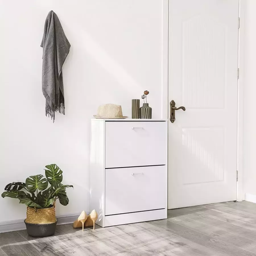 Naqsh Store Schoenenkast met 2 kleppen Witte schoenkip Verstelbare schoenkast voor 12 paar damesschoenen of 8 paar herenschoenen voor smalle hal 60 x 24 x 83 5 cm (B x H x D) Wit