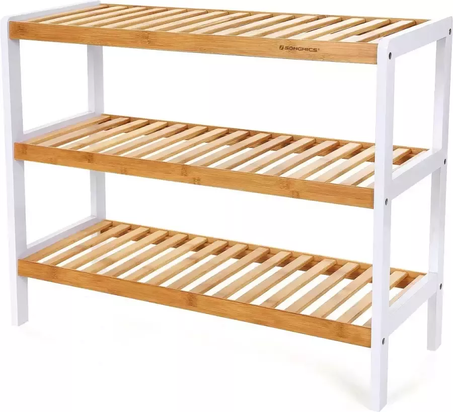 Naqsh Store Schoenenrek bamboe 3 niveaus H x B x D: ca. 55 x 70 x 25 cm Schoenenkast Schoenenrek voor 12 paar schoenen Schoenenstandaard Schoenenrek wit-natuurlijke kleuren LBS03H