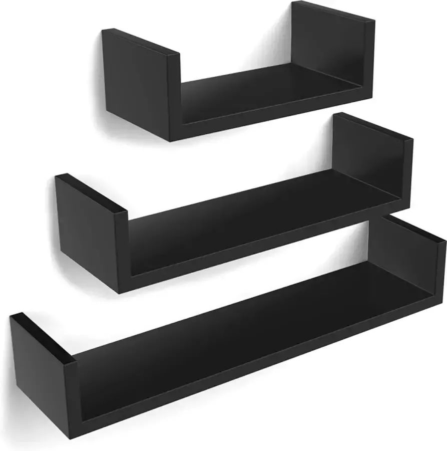 Naqsh Store set van 3 wandplanken MDF hout laadvermogen 15 kg diepte 15 cm zwart U-vormig wandbord CD-plank LWS66B