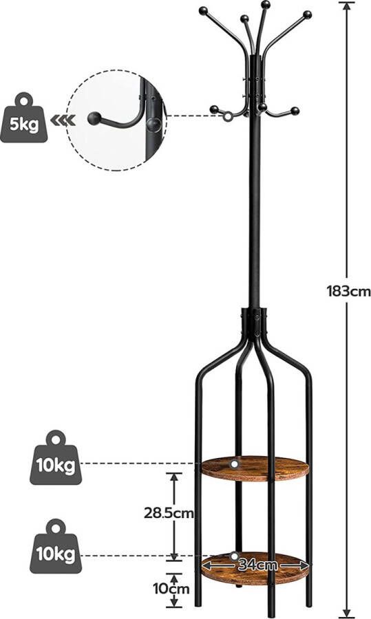 Naqsh Store Vrijstaand kapstok met 2 planken 8 haken hal boom voor kleding hoeden tassen metalen frame industrieel ontwerp vintage bruin-zwart EBF81YM01