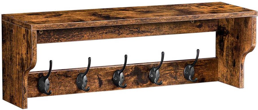 Naqsh Store Wandkapstok met plank wandgemonteerde kledingroede kapstokken met 5 haken wandrek hangende plank stal voor hal slaapkamer badkamer woonkamer vintage bruin-zwart EBF01YM01