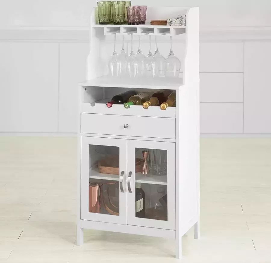 Naqsh Store Wijnkast Dressoir Buffetkast met Wijnrek en Wijnglazen Houder Keukenkast met 1 Lade en 2 Deuren Dressoir Wit FSB24-W