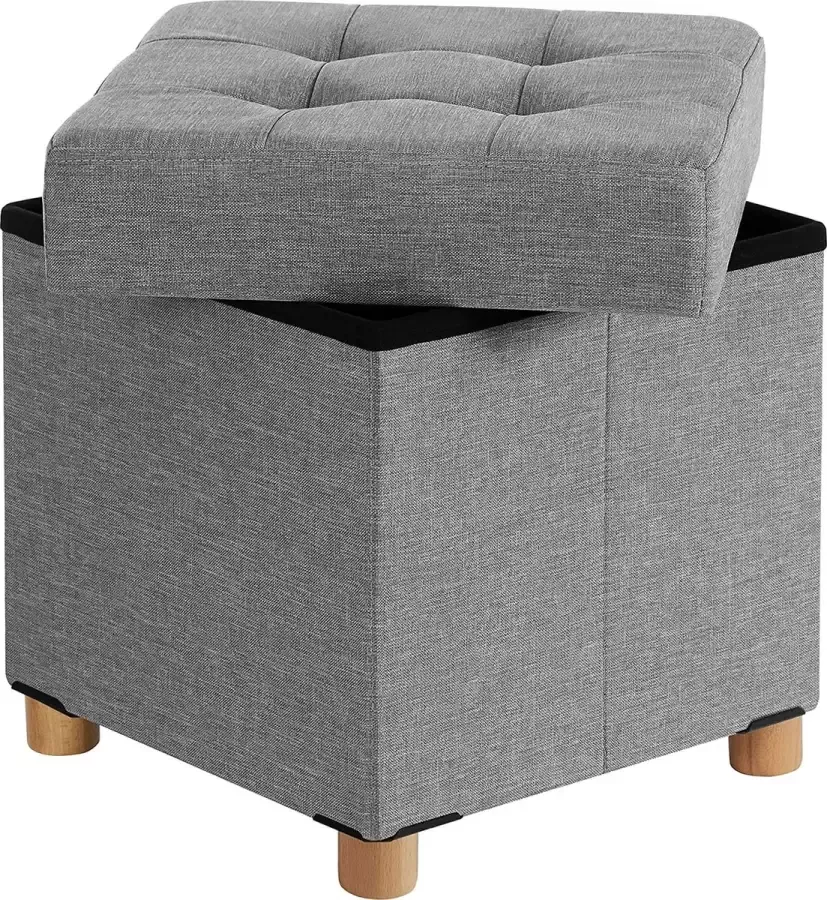 Naqsh Store Zitkist poef voetenbank met opbergruimte en deksel met houten poten 38 x 38 x 40 cm lichtgrijs LSF14GYX