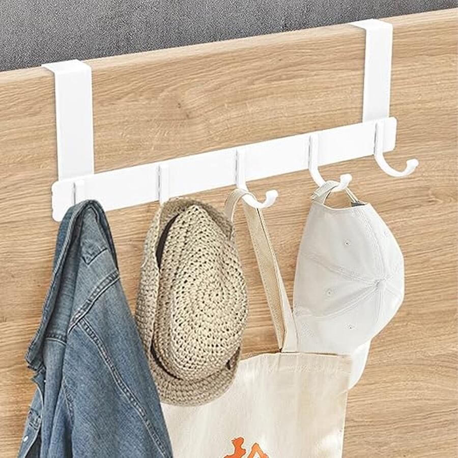 Narimano Deurkapstok met 5 haken kledinghaken voor de deur zonder boren deurhaken voor keuken badkamer woonkamer en hal (wit)