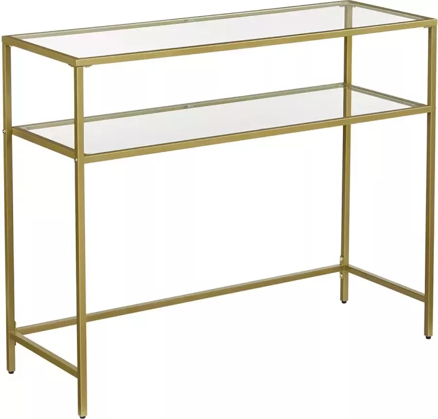 NaSK Console tafel bijzettafel met 2 planken 100 x 35 x 80 cm gehard glas opbergrek metalen frame verstelbare poten voor woonkamer gang gouden