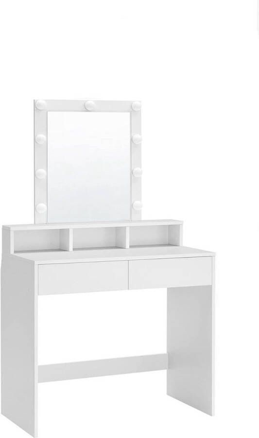 NaSK Kaptafel Make up tafel WIT Spiegel en gloeilampen Instelbare helderheid Cosmetische tafel met 2 lades en 3 open vakken 80 x 40 x 145 cm