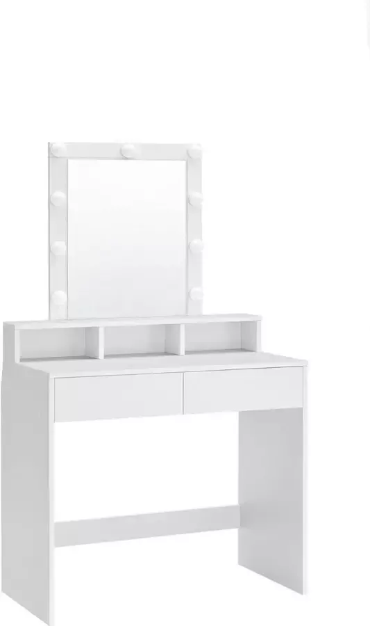 NaSK Kaptafel Make up tafel WIT Spiegel en gloeilampen Instelbare helderheid Cosmetische tafel met 2 lades en 3 open vakken 80 x 40 x 145 cm