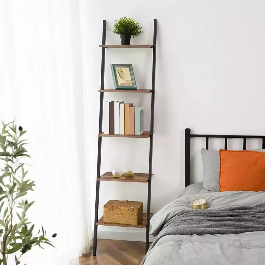 NaSK Ladderrek 5-laags scheve boekenplank stabiele wandplank industrieel opbergrek boekenkast displayrek voor woonkamer keuken kantoor metalen frame