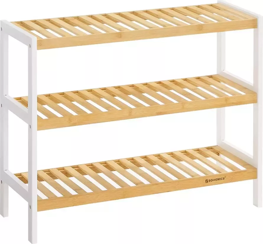 NaSK Schoenenrek bamboe 3 niveaus H x B x D: ca. 55 x 70 x 25 cm Schoenenkast Schoenenrek voor 12 paar schoenen Schoenenstandaard Schoenenrek wit-natuurlijke kleuren