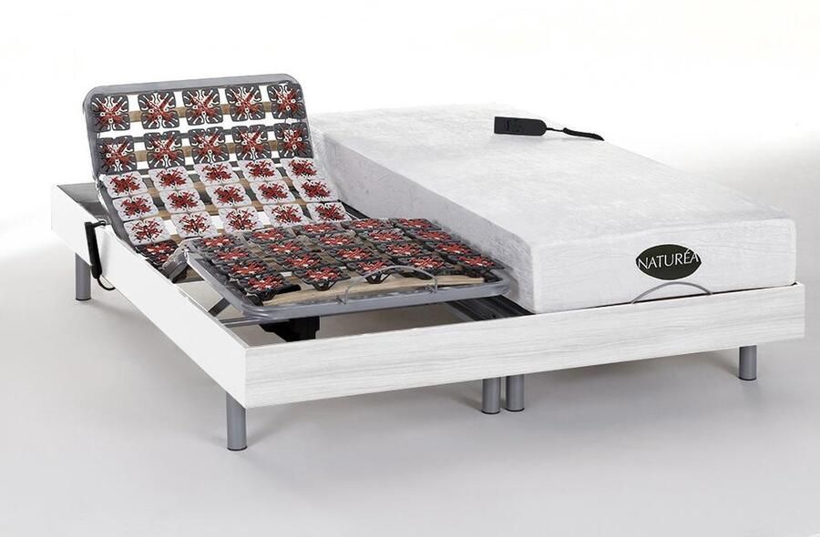 Vente-unique Elektrisch relaxbed met matras met vormgeheugen en bamboe LYSIS III van NATUREA OKIN-motoren 2 x 70 x 190 cm Wit L 190 cm x H 35 cm x D 140 cm - Foto 3