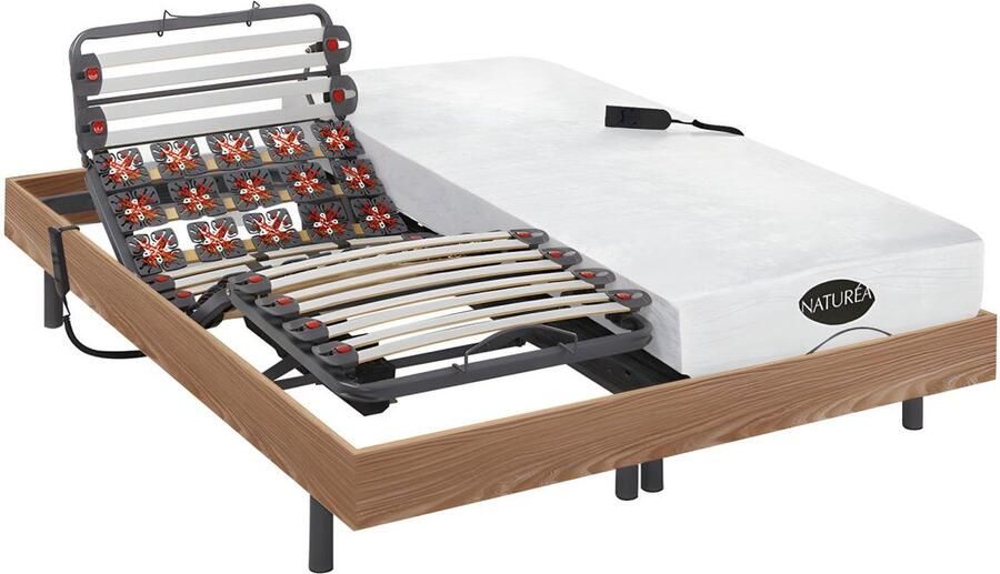 Vente-unique Verstelbaar relaxbed met contactplaatjes en latten en matras met vormgeheugen en bamboe DAMYSOS van NATUREA motors OKIN 2x80x200 cm Eiken L 200 cm x H 35 cm x D 160 cm