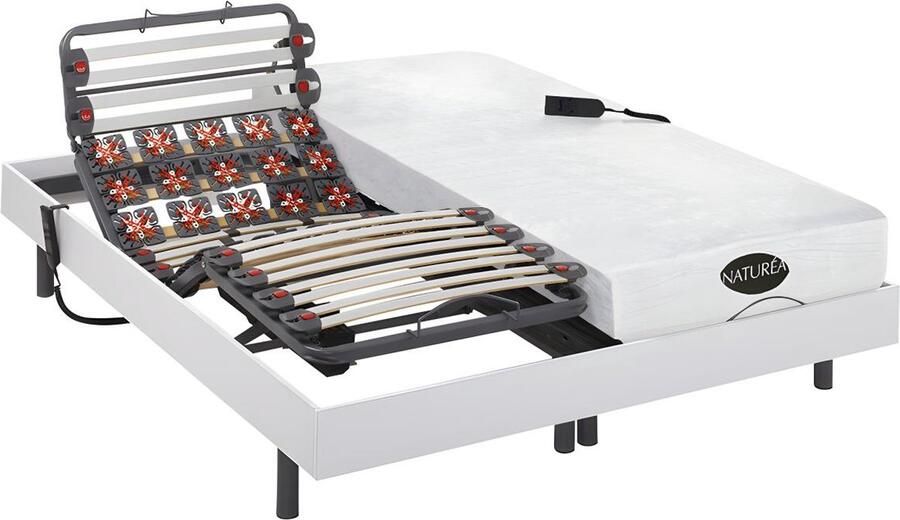 Vente-unique Verstelbaar relaxbed met contactplaatjes en latten en matras met vormgeheugen en bamboe DAMYSOS van NATUREA motors OKIN 2x90x200 cm Wit L 200 cm x H 35 cm x D 180 cm