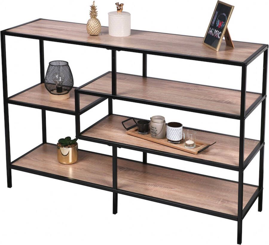 Naturn Living Smalle bibliotheek kast met 5 planken van Boekenkast met houten lagen en mat zwart metalen frame Ruimtebesparende Kast Opbergkast Woon accessoires Decoratieve open kast Bruin