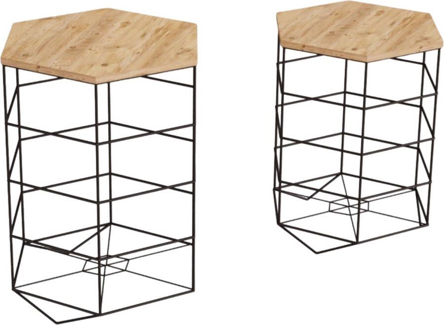 Naturn Living Hexagon bijzettafel set van 2 van Draadmanden Bijzettafels bijzettafel rond Opbergmand Draadmand bijzettafel Mat zwart