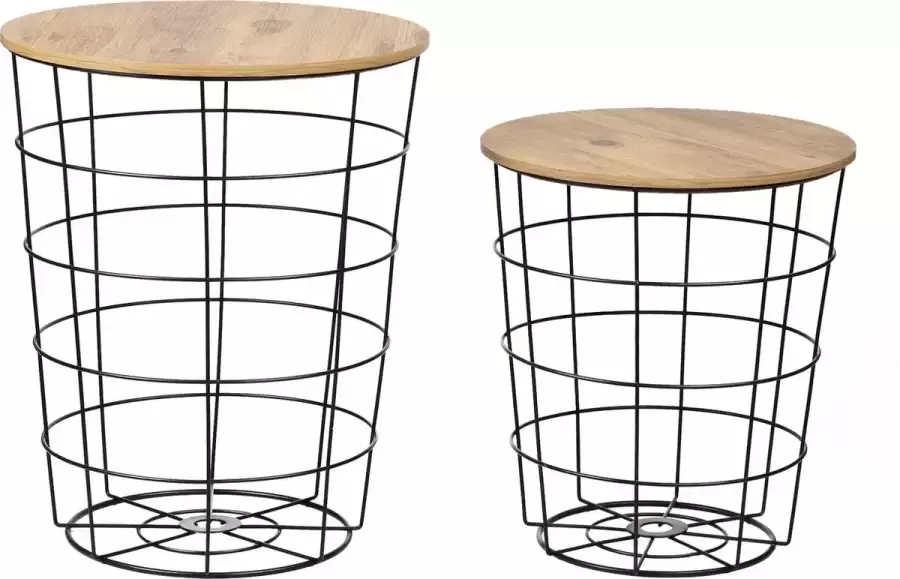 Naturn Living Metalen bijzettafel en draadmand met houten deksel van Bijzettafel set van 2 stuks Bijzettafel zwart Draadmand metaal Tafeltje Salon tafel Mat zwart