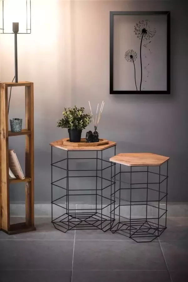 Naturn Living Metalen bijzettafel met houten blad van Set van 2 Draadmanden Bijzettafels bijzettafel set hexagon draadmand bijzettafel Mat zwart