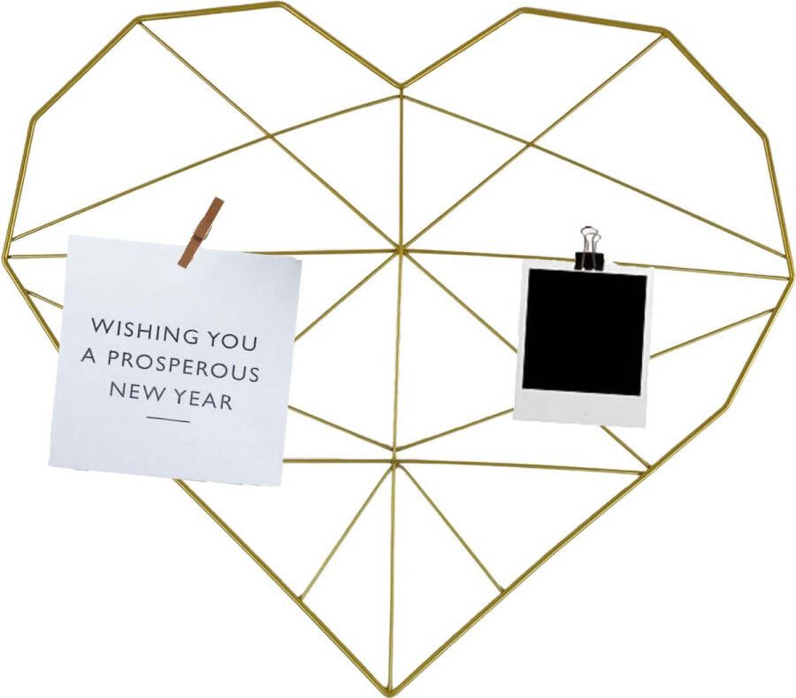 Naturn Living Metalen Hartvormig Fotorek Foto Wandrek Industrieel Kaartenrek Memobord Wanddecoratie Fotorek metaal Metalen Liefdesmemobord Kaartenhouder Romantisch Fotodisplay Uniek Valentijnsgeschenk Foto Organizer Mat Goud