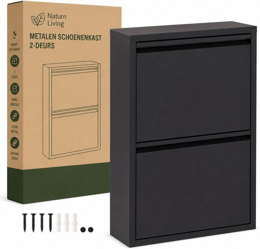 Naturn Living Metalen Schoenenkast 2-Deurs 50 x 15 x 71 5 cm Ruimtebesparend en Stijlvol Schoenenrek Moderne Schoenenkasten Schoenen Opbergen Wandmontage Schoenenrek en Opbergsysteem Schoenenkast Mat Zwart - Foto 3