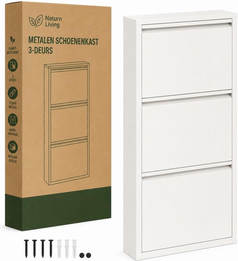 Naturn Living Metalen Schoenenkast 3-deurs 50 x 15 x 103 5 cm Schoenenrek Stijlvolle Opbergoplossing Interieur Schoenen Opbergsysteem Ruimtebesparend opbergbox Kast Metaal Organizer Woondecoratie Mat Wit - Foto 2