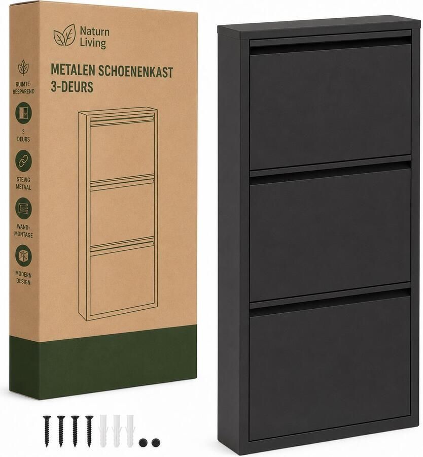 Naturn Living Metalen Schoenenkast 3-deurs 50 x 15 x 103 5 cm Schoenenrek Stijlvolle Opbergoplossing Interieur Schoenen Opbergsysteem Ruimtebesparend opbergbox Kast Metaal Organizer Woondecoratie Mat Zwart - Foto 2
