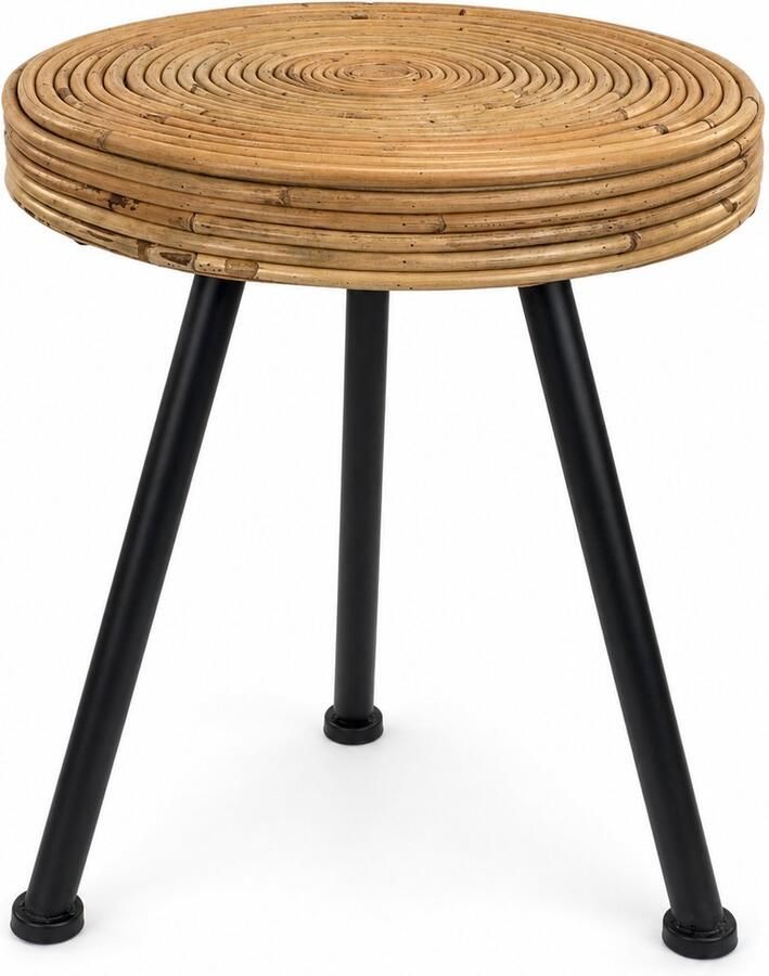 Naturn Living Rotan Krukje Ø 34 x 38 cm – Handgeweven Rieten Zitkruk met Zwart Metalen Driepoot – Ronde Bijzettafel voor Woonkamer Slaapkamer en Veranda – Bruin - Foto 2