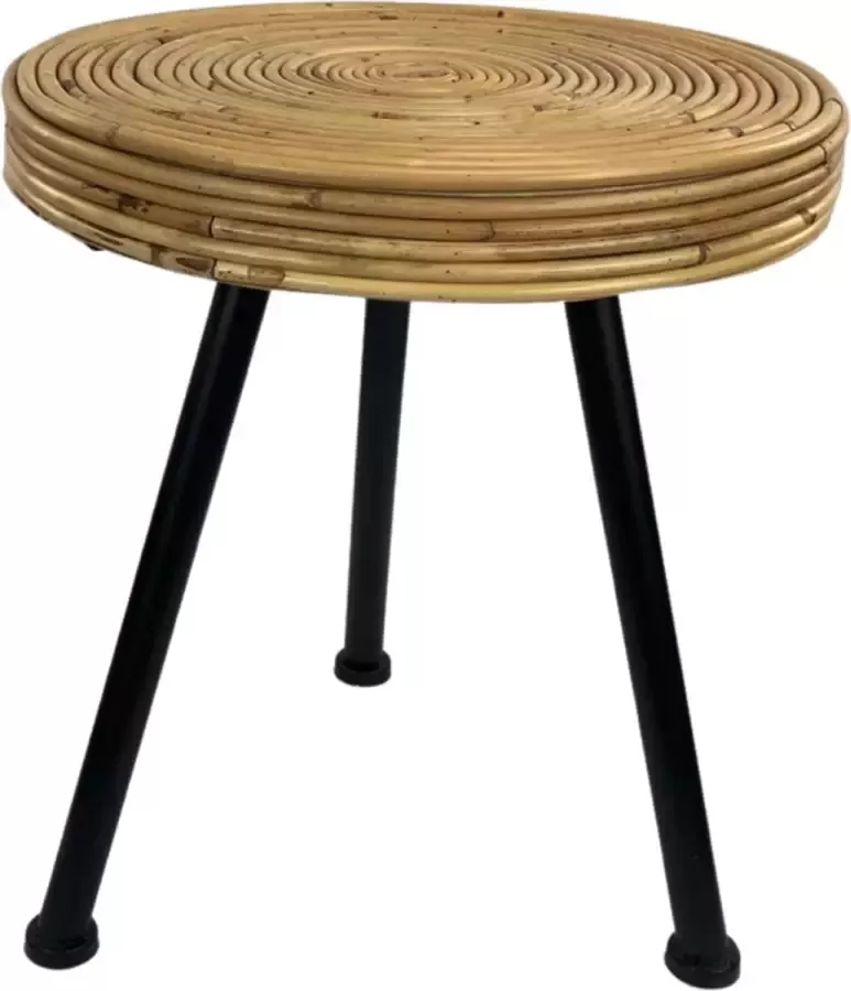 Naturn Living Rieten krukje met metalen poten van Ronde handgemaakte kruk Natuurlijke bijzettafel Rotan kruk Metalen driepoot kruk Bruin