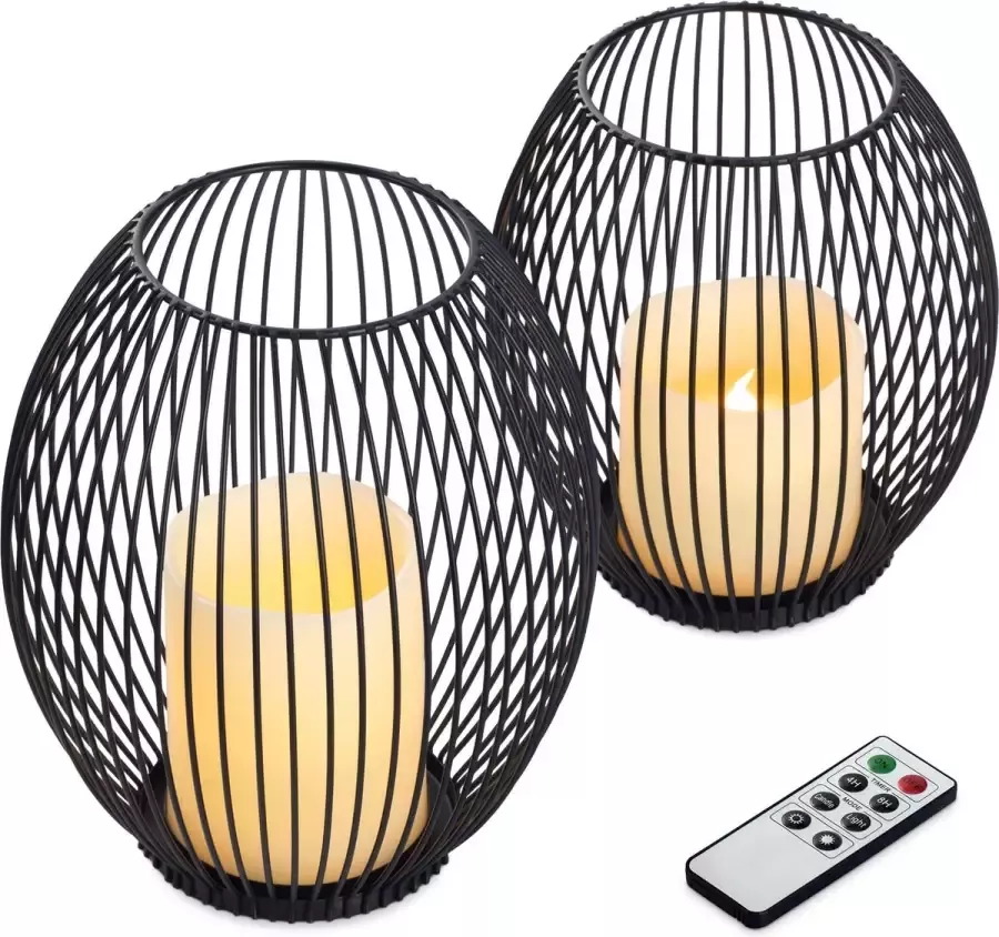 Navaris 2x LED-kaars met bewegende vlam Set van 2 LED-kaarsen met metalen houder Tafellamp op batterijen met afstandsbediening Klein Medium