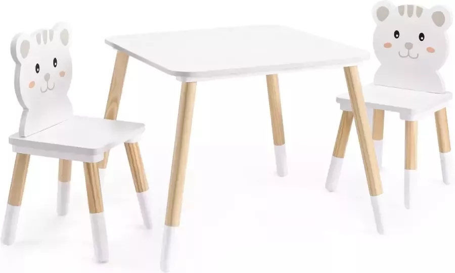 Navaris houten kindertafel met stoelen Houten speelset voor kinderen Zitten en spelen Wit kattenmotief Voor in de speelkamer of slaapkamer