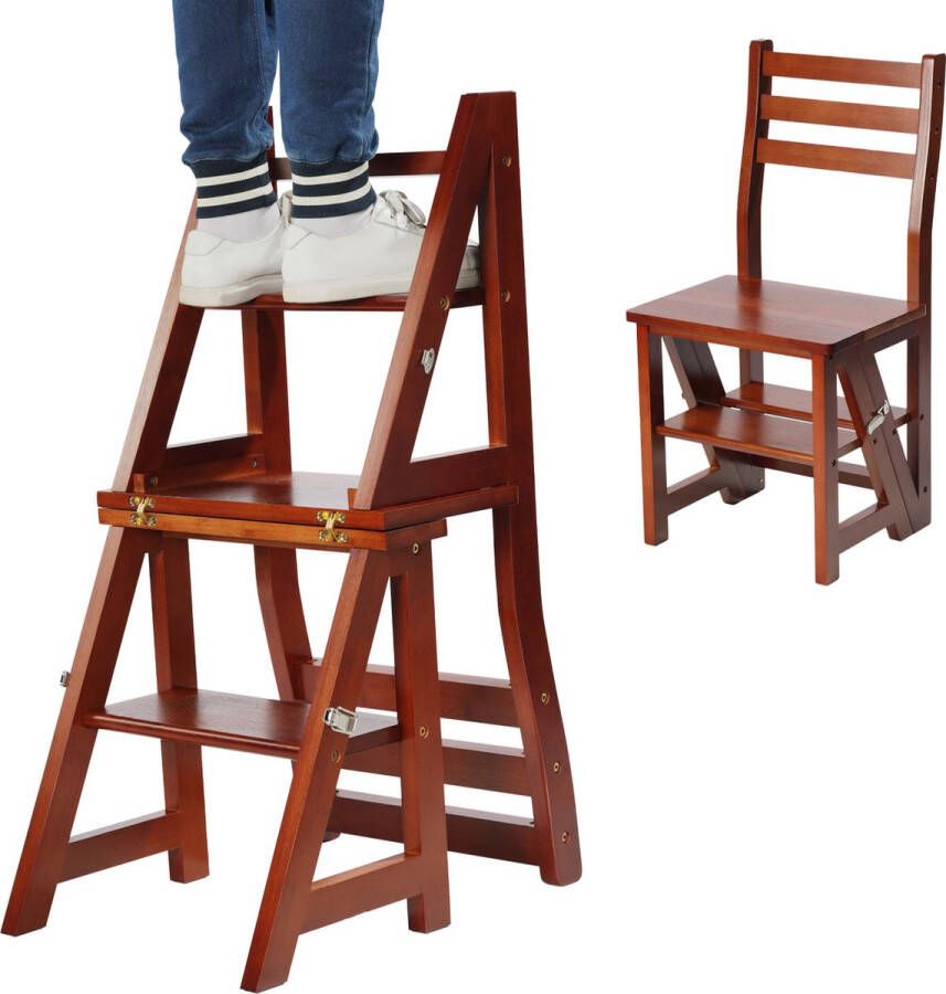 Navaris klapstoel omklapbaar tot keukentrapje Keukenstoel 3-traps ladder en bloemenladder Milieuvriendelijk bamboe Donker bruin
