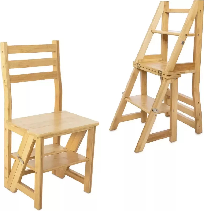 Navaris klapstoel omklapbaar tot keukentrapje Met gemak van keukenstoel tot 3-traps ladder en bloemenladder Gemaakt van mileuvriendelijk bamboe