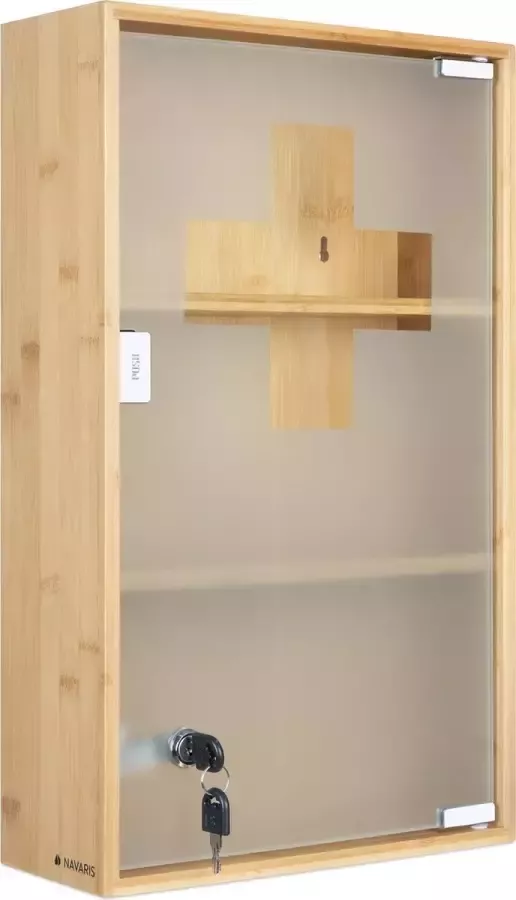 Navaris medicijnkastje van bamboe Afsluitbaar kastje voor medicijnen Wandkastje met slot Badkamerkastje met deur van gehard glas