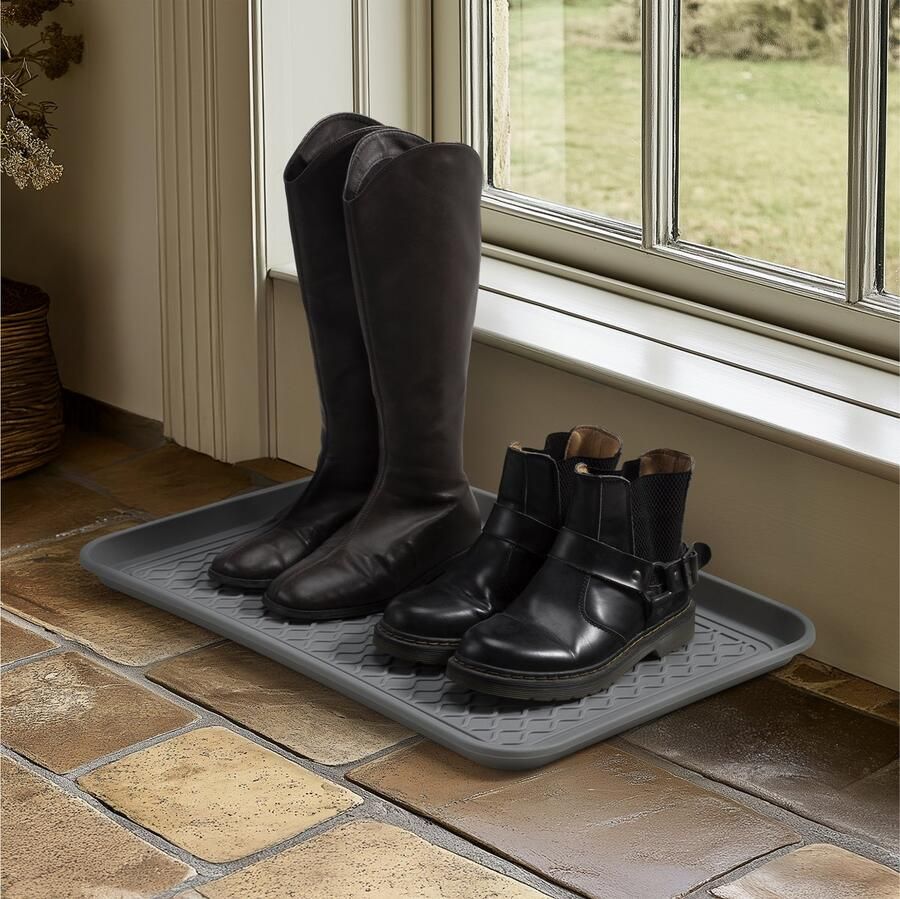 Navaris 3x afdruipbak met rand voor schoenen 60 x 40 x 2 8 cm Laarzen lekbak Afdruipmat voor binnen en buiten Schoenen onderzetters Grijs