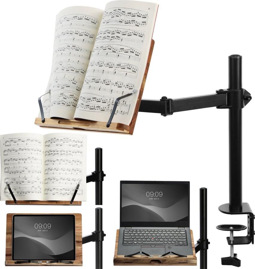 Navaris acacia boekenstandaard met arm Past op tafels bureau of aanrecht Houder voor boeken tablet ereader of bladmuziek 34 x 45 x 55 cm Zwart