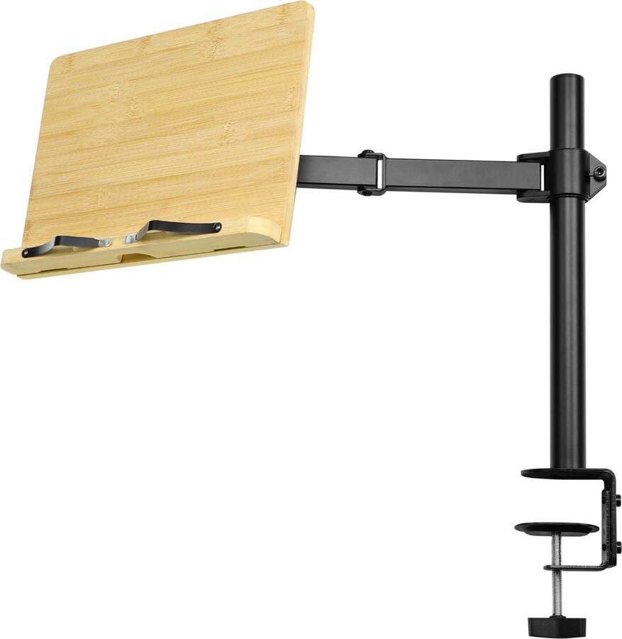 Navaris bamboe boekenstandaard met arm Past op tafels bureau of aanrecht Houder voor boeken tablet ereader of bladmuziek 34 x 45 x 55 cm Zwart
