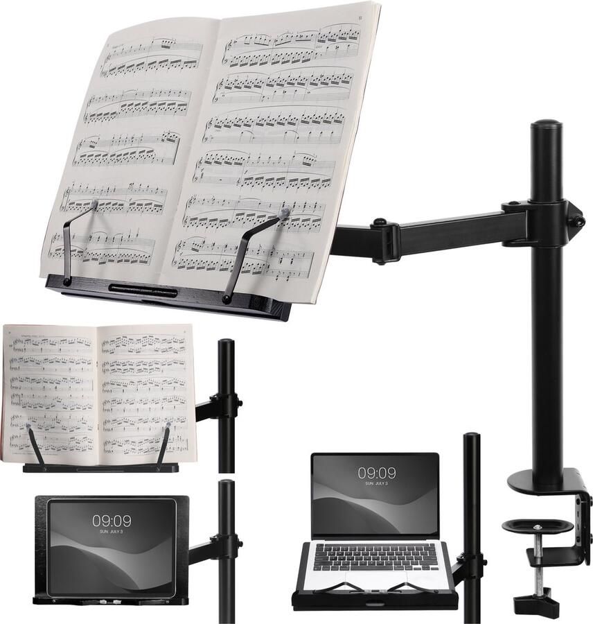 Navaris bamboe boekenstandaard met arm Past op tafels bureau of aanrecht Houder voor boeken tablet ereader of bladmuziek 34 x 45 x 55 cm Zwart