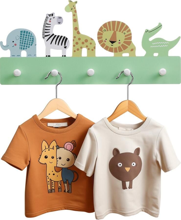 Navaris kapstok voor de kinderkamer Kledinghaken voor aan de wand Kinderkapstok met 5 haken Mdf Kledinghanger Safari dieren