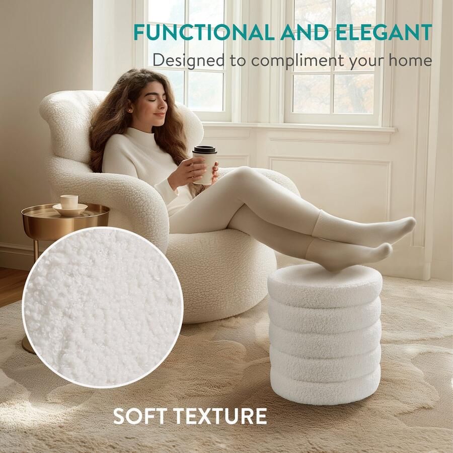 Navaris opbergpoef rond met bouclé stof Opbergbox met deksel 37 x 40 x 37 Poef Voetensteun Bouclé opberg hocker Crème wit - Foto 3