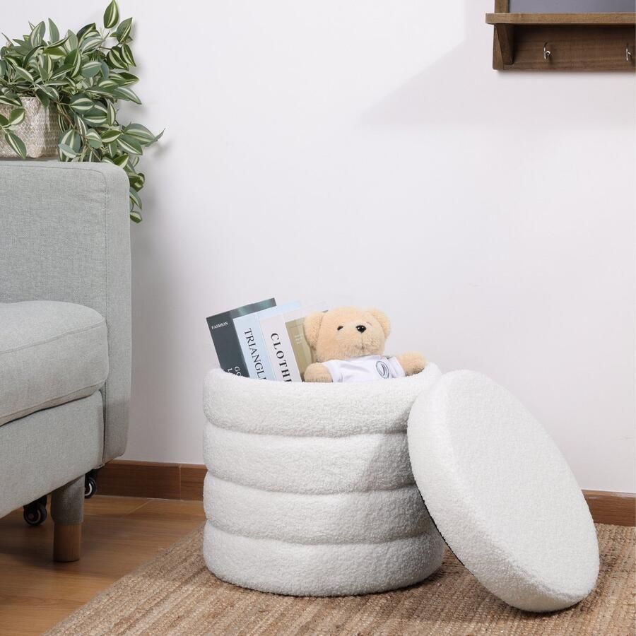 Navaris opbergpoef rond met bouclé stof Opbergbox met deksel 37 x 40 x 37 Poef Voetensteun Bouclé opberg hocker Crème wit