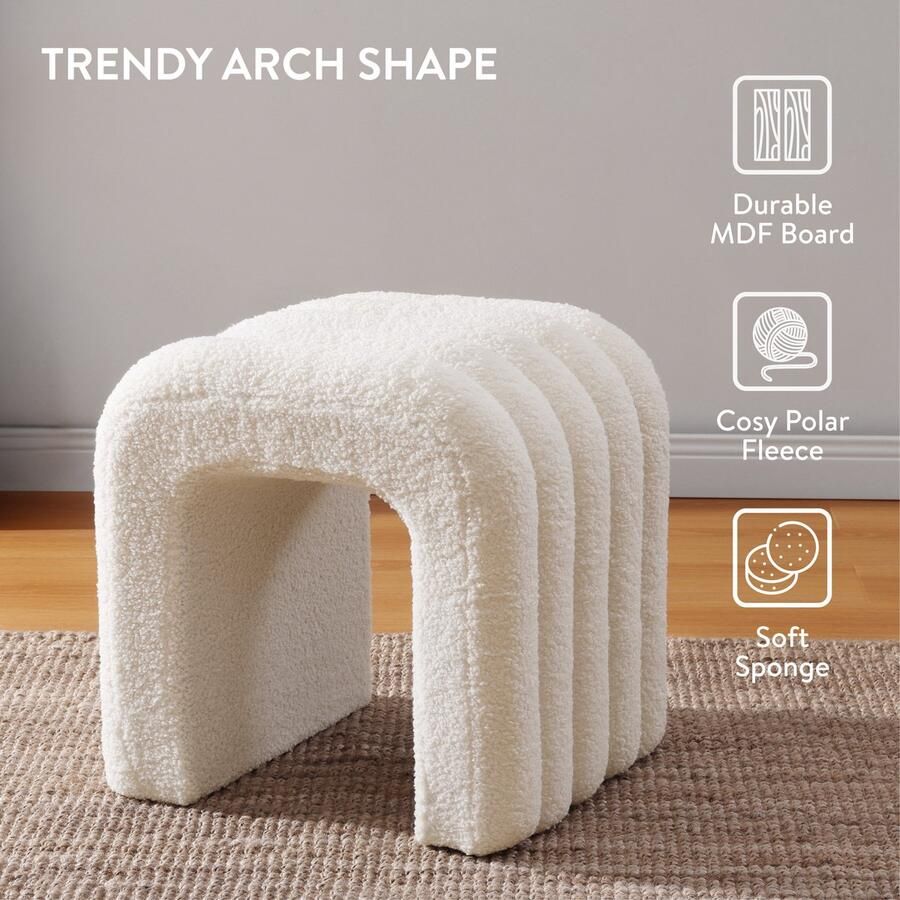 Navaris poef van bouclé stof Gebruik als voetenbank zitplaats bijzettafel Boogvormig design met golvend patroon Modern 41 x 35 x 43 cm Wit - Foto 2