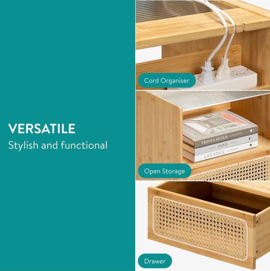 Navaris rotan nachtkastje gecanneleerd glas 40 x 42 x 49 cm Makkelijk in elkaar te zetten Nachtkast met lade Met ruimte voor kabels Bruin - Foto 2