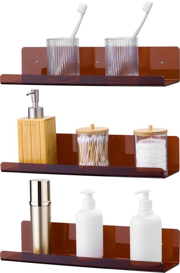 Navaris set van 3 retro acryl wandplanken 38 x 10 2 x 7 6 cm Te gebruiken als boekenplank en wandplank of wandrek Acryl plank Bruin