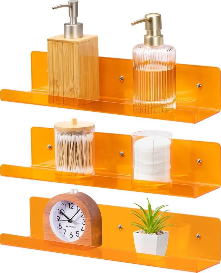 Navaris set van 3 retro acryl wandplanken 38 x 10 2 x 7 6 cm Te gebruiken als boekenplank en wandplank of wandrek Acryl plank Oranje