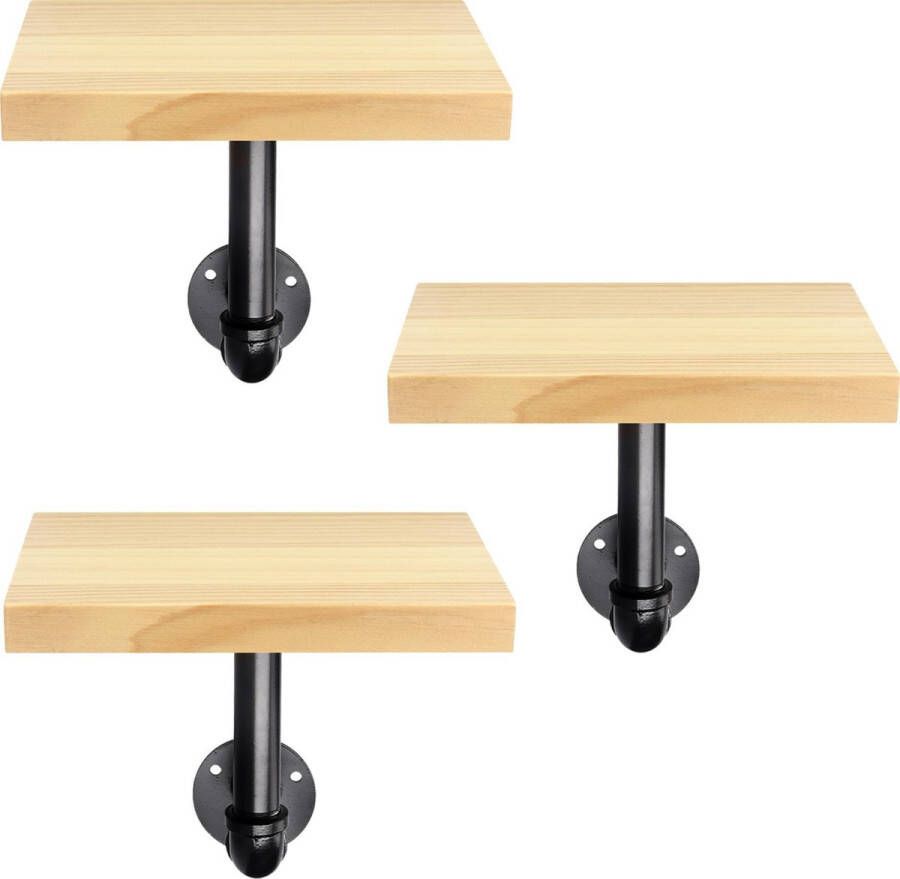 Navaris wandplank 3 rechthoekige wandplanken van hout Met industriële metalen pijp Planken voor aan de muur 20 x 15 x 2 cm Lichtbruin