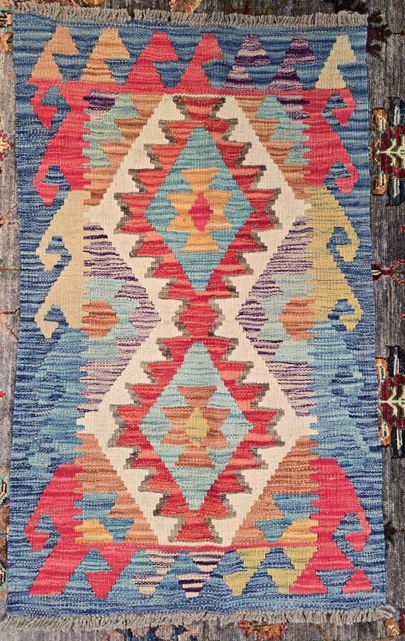 Nazaritapijten.com Authentiek Uniek Origineel Kleurrijk Tapijt Hoogpolig Handgeweven Wollen Vloerkleed -Afghaans Kelim 57 x 93 cm ID K-478 Nazari Tapijten Schoorl NL