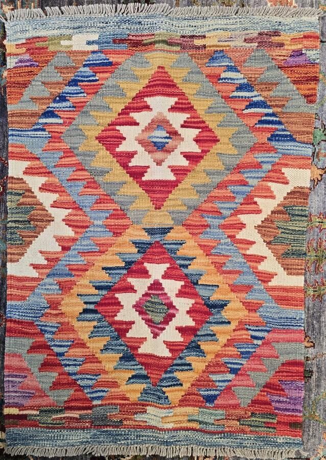 Nazaritapijten.com Authentiek Uniek Origineel Kleurrijk Tapijt Hoogpolig Handgeweven Wollen Vloerkleed -Afghaans Kelim 84 x 60 cm ID K-470 Nazari Tapijten Schoorl NL