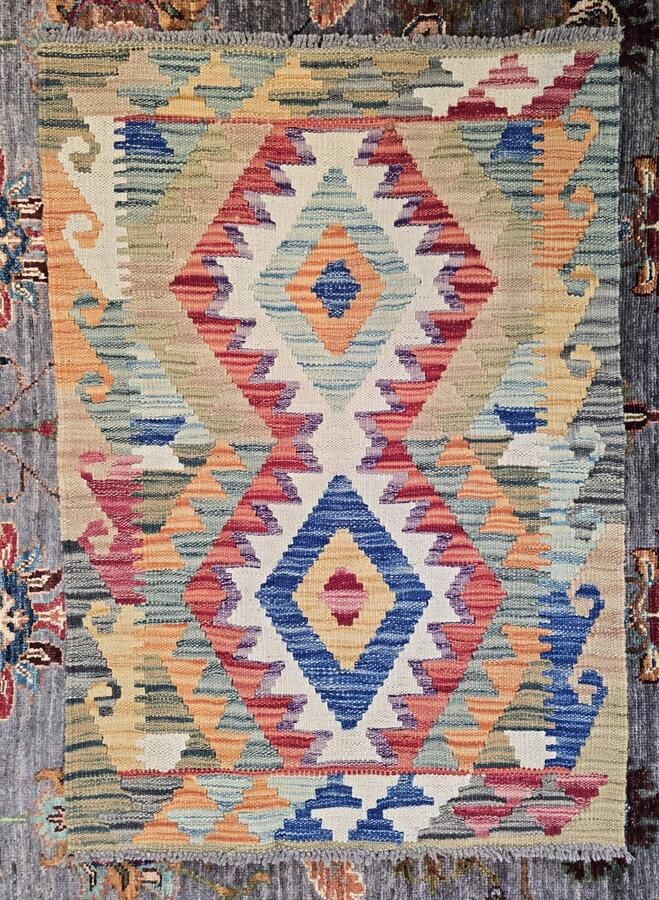 Nazaritapijten.com Authentiek Uniek Origineel Kleurrijk Tapijt Hoogpolig Handgeweven Wollen Vloerkleed -Afghaans Kelim 60 x 84 cm ID K-469 Nazari Tapijten Schoorl NL