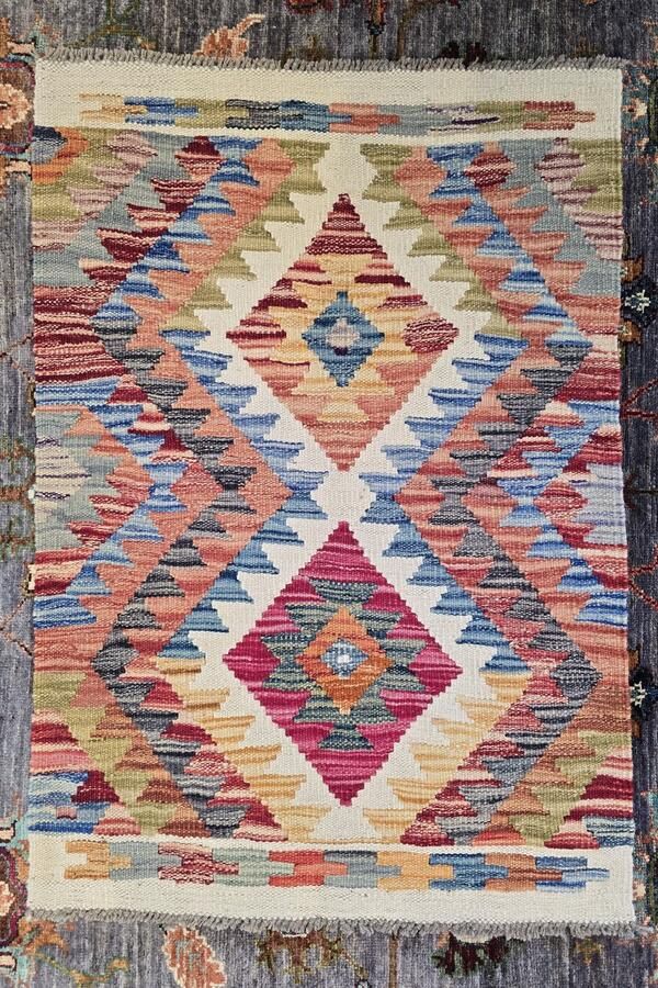 Nazaritapijten.com Authentiek Uniek Origineel Kleurrijk Tapijt Hoogpolig Handgeweven Wollen Vloerkleed -Afghaans Kelim 61 x 87 cm ID K-483 Nazari Tapijten Schoorl NL