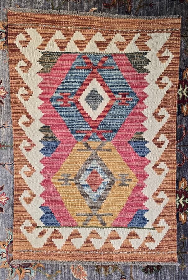 Nazaritapijten.com Authentiek Uniek Origineel Kleurrijk Tapijt Hoogpolig Handgeweven Wollen Vloerkleed -Afghaans Kelim 61 x 90 cm ID K-202 Nazari Tapijten Schoorl NL